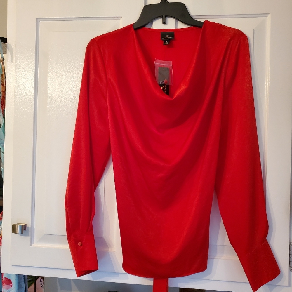 Worthington Bright Red Silky Long Sleeve Cowl Neck Tunic Self Tie Size Medium
